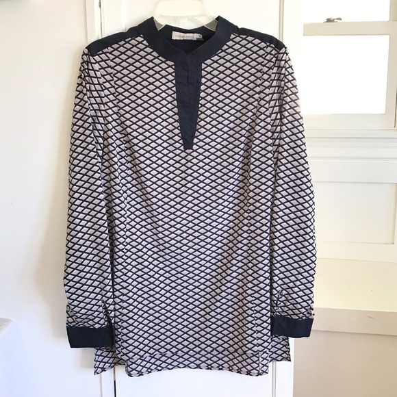 TORY BURCH Velda Tunic Silk Long Sleeve Blouse Black Tan Women’s Plus Size 14 - Picture 2 of 16